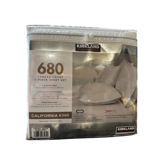 Kirkland Signature 680 Thread Count California King Sheet Set Bright White - Picture 2 of 2